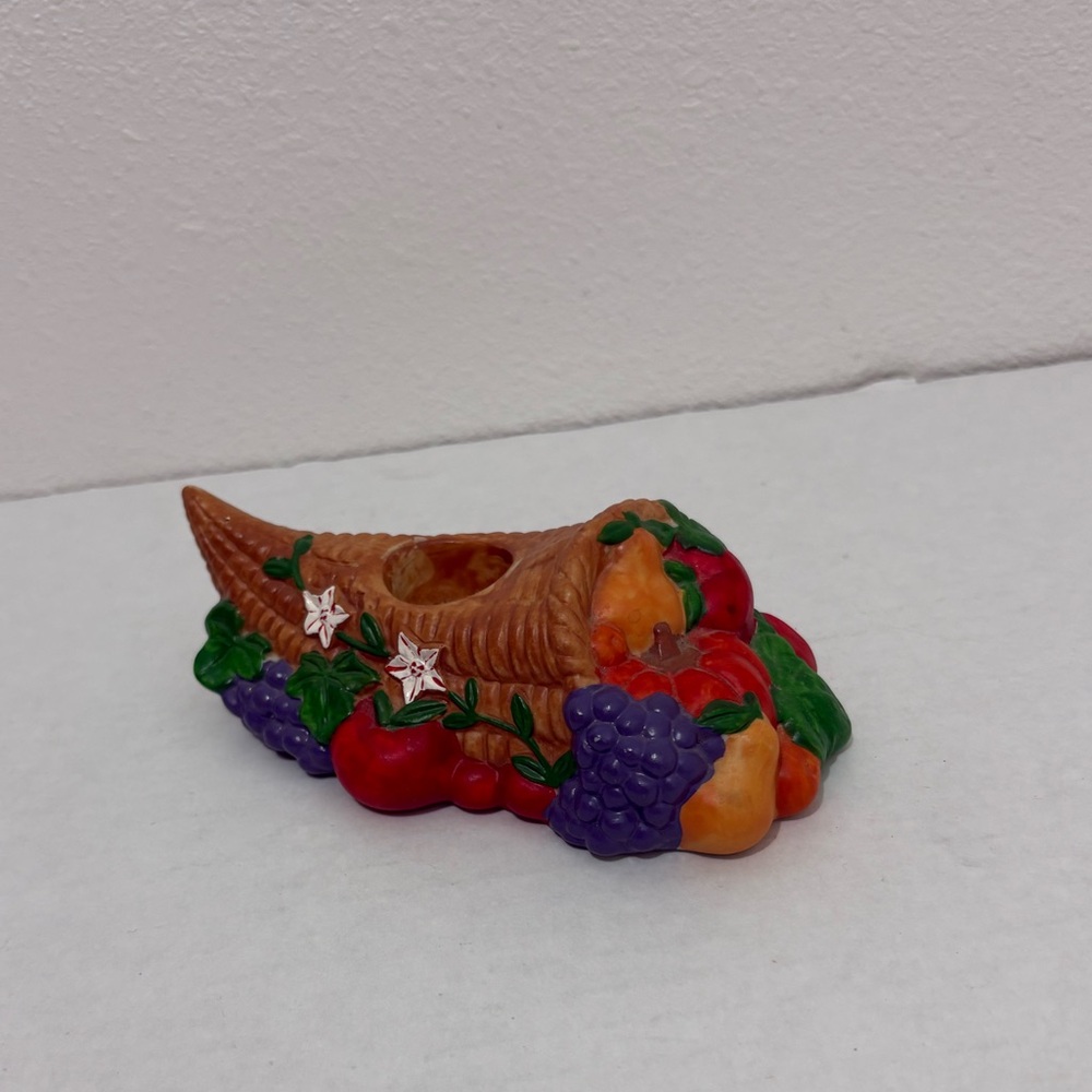 RUSS Thanksgiving porcelain Cornucopia  Candleholder Decor Autumn Green Leaves